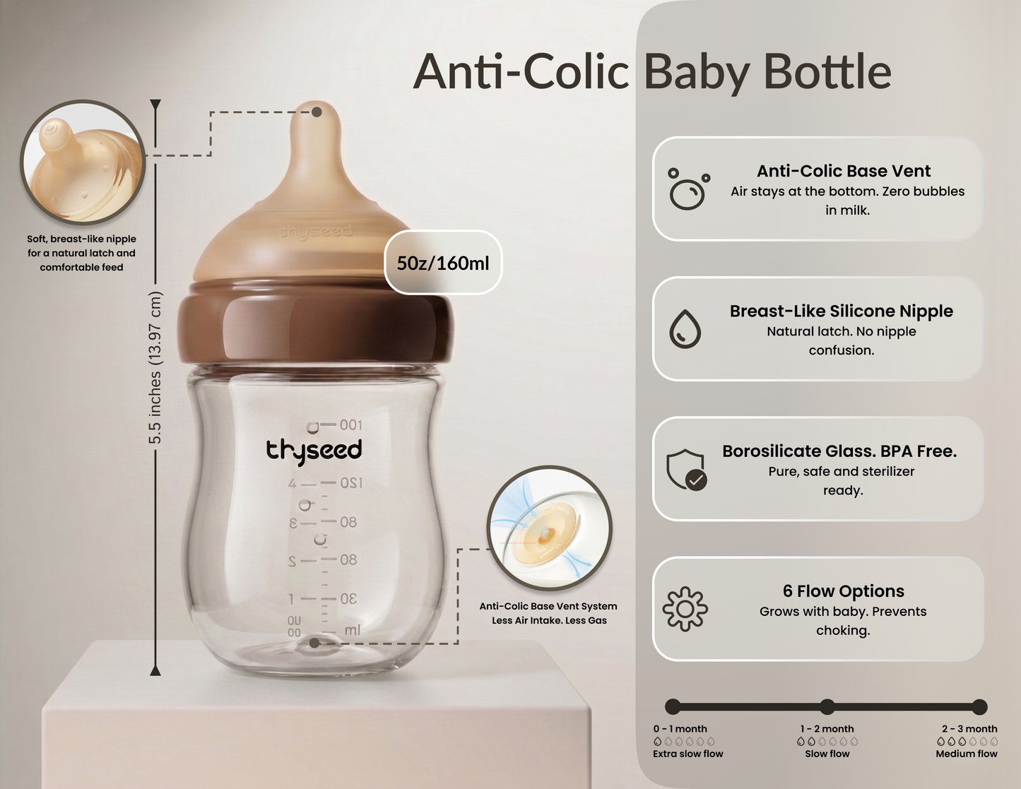THYSEED NATURAL ANTI-COLIC GLASS BABY BOTTLE (0-1 MONTHS) - 160ml