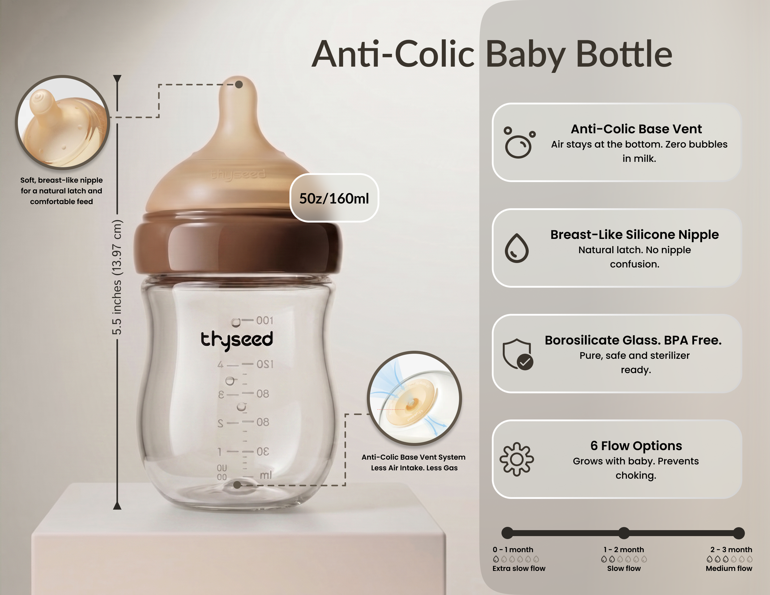 THYSEED NATURAL ANTI-COLIC GLASS BABY BOTTLE (0-1 MONTHS) - 160ml