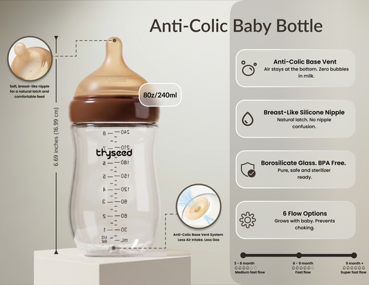 THYSEED NATURAL ANTI-COLIC GLASS BABY BOTTLE (3-6 MONTHS) - 240ml